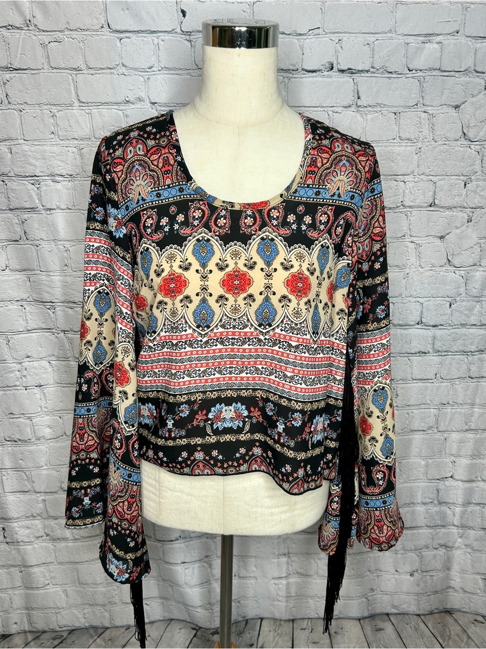 See You Monday Black Multicolor Boho Paisley Scoop Neck Blouse